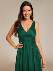 Glitter High-Low  Waist Pleated Sleeveless Wedding Guest Dress