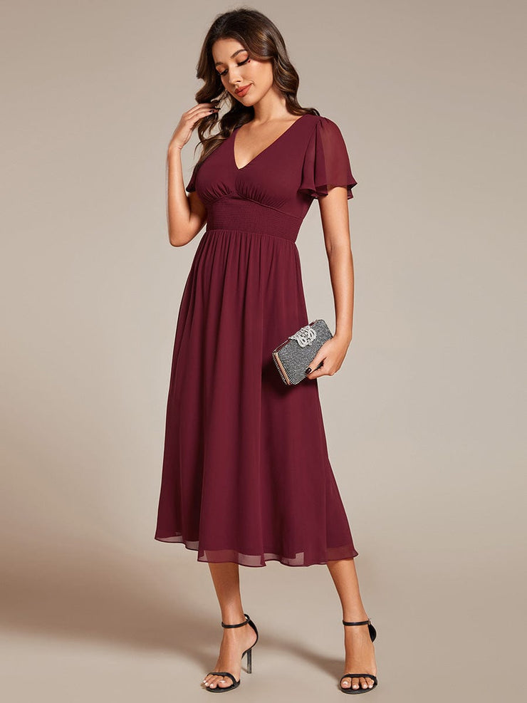 Midi V-Neck Empire Waist Ruffle Sleeves Wedding Guest Dress