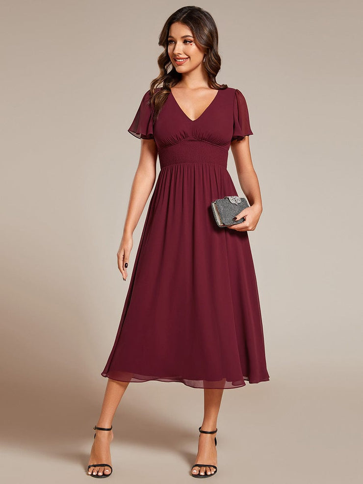 Midi V-Neck Empire Waist Ruffle Sleeves Wedding Guest Dress