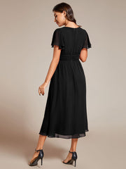 Midi V-Neck Empire Waist Ruffle Sleeves Wedding Guest Dress