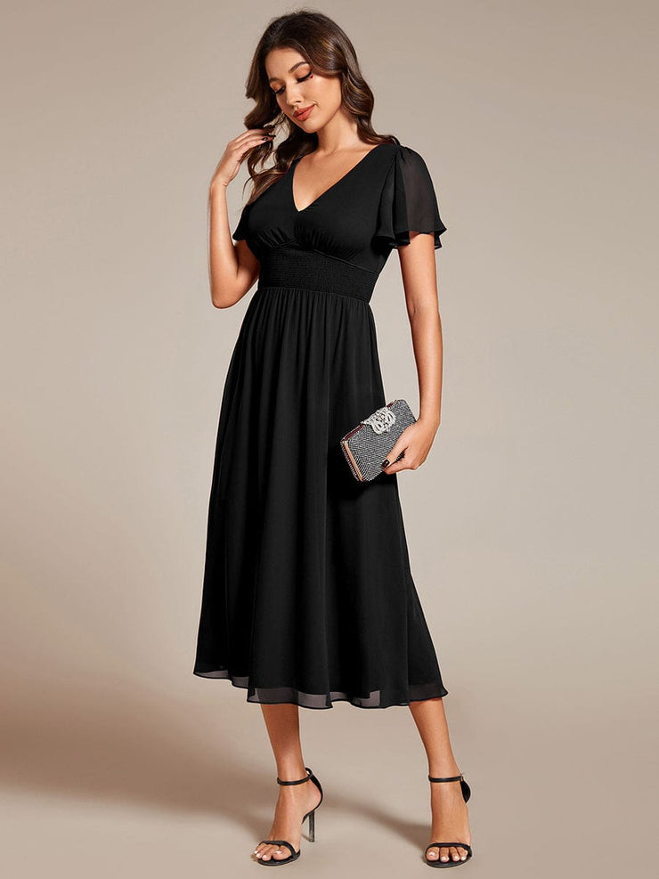 Midi V-Neck Empire Waist Ruffle Sleeves Wedding Guest Dress