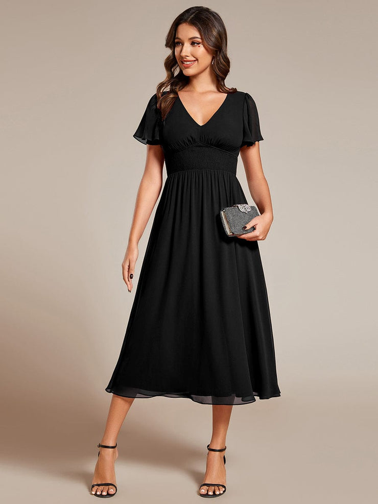 Midi V-Neck Empire Waist Ruffle Sleeves Wedding Guest Dress