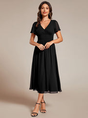 Midi V-Neck Empire Waist Ruffle Sleeves Wedding Guest Dress