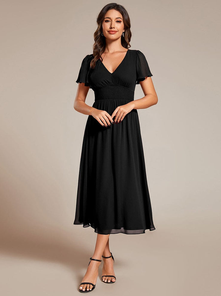 Midi V-Neck Empire Waist Ruffle Sleeves Wedding Guest Dress