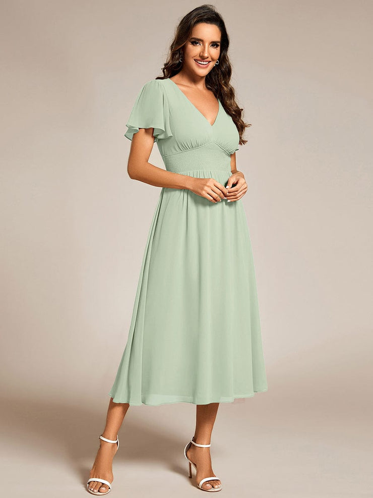 Midi V-Neck Empire Waist Ruffle Sleeves Wedding Guest Dress