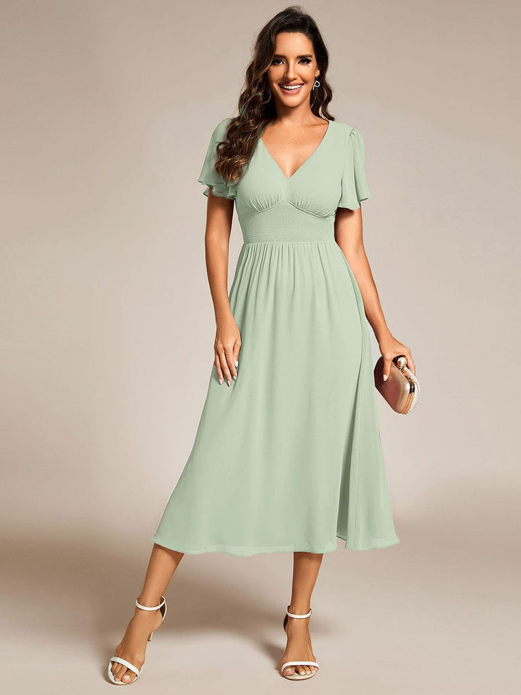 Midi V-Neck Empire Waist Ruffle Sleeves Wedding Guest Dress