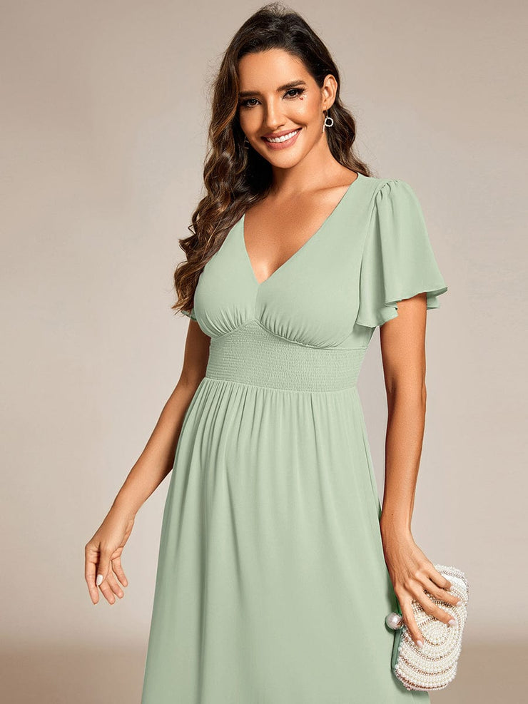 Midi V-Neck Empire Waist Ruffle Sleeves Wedding Guest Dress