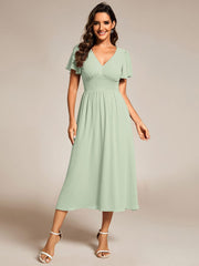 Midi V-Neck Empire Waist Ruffle Sleeves Wedding Guest Dress