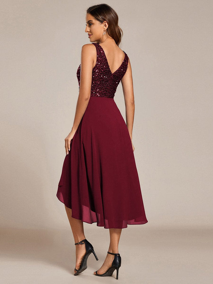 Elegant Sleeveless V-Neck Sequin Bodice Chiffon Wedding Guest Dress