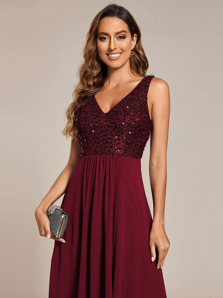 Elegant Sleeveless V-Neck Sequin Bodice Chiffon Wedding Guest Dress