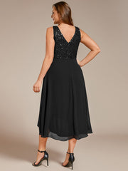 Elegant Sleeveless V-Neck Sequin Bodice Chiffon Wedding Guest Dress