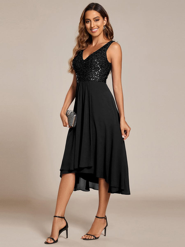 Elegant Sleeveless V-Neck Sequin Bodice Chiffon Wedding Guest Dress