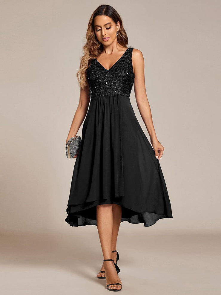 Elegant Sleeveless V-Neck Sequin Bodice Chiffon Wedding Guest Dress