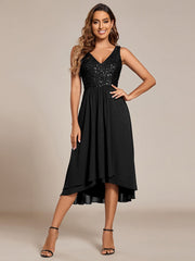 Elegant Sleeveless V-Neck Sequin Bodice Chiffon Wedding Guest Dress