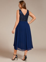 Elegant Sleeveless V-Neck Sequin Bodice Chiffon Wedding Guest Dress