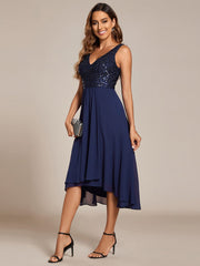 Elegant Sleeveless V-Neck Sequin Bodice Chiffon Wedding Guest Dress