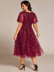 Leaf Sequin Short Sleeve Tulle Midi Wedding Guest Dress