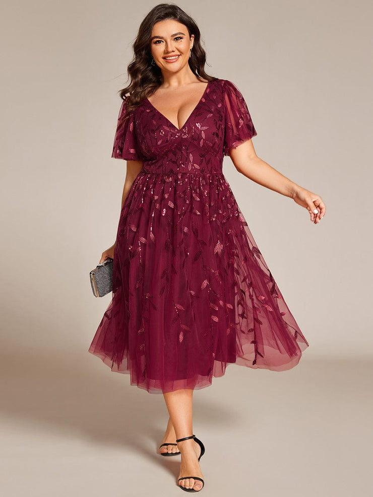 Leaf Sequin Short Sleeve Tulle Midi Wedding Guest Dress