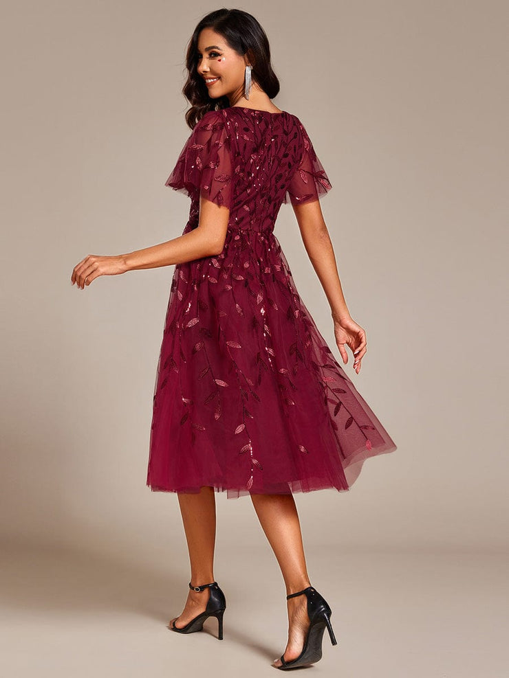 Leaf Sequin Short Sleeve Tulle Midi Wedding Guest Dress