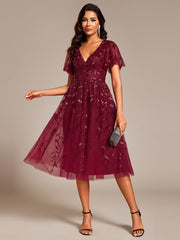 Leaf Sequin Short Sleeve Tulle Midi Wedding Guest Dress