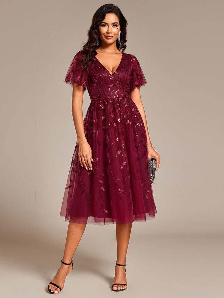 Leaf Sequin Short Sleeve Tulle Midi Wedding Guest Dress