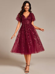 Leaf Sequin Short Sleeve Tulle Midi Wedding Guest Dress