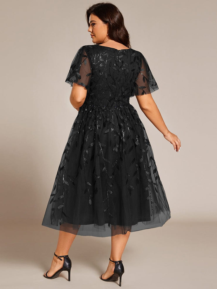 Leaf Sequin Short Sleeve Tulle Midi Wedding Guest Dress