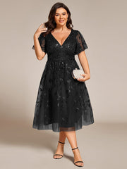 Leaf Sequin Short Sleeve Tulle Midi Wedding Guest Dress