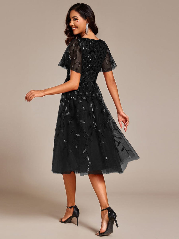 Leaf Sequin Short Sleeve Tulle Midi Wedding Guest Dress