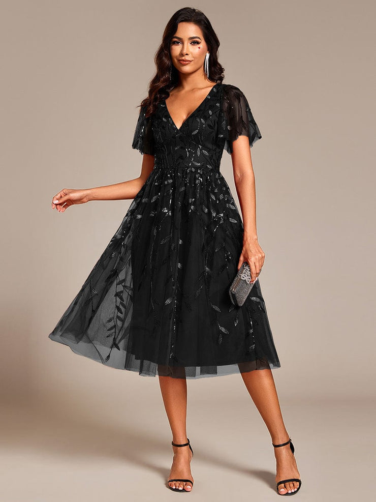 Leaf Sequin Short Sleeve Tulle Midi Wedding Guest Dress