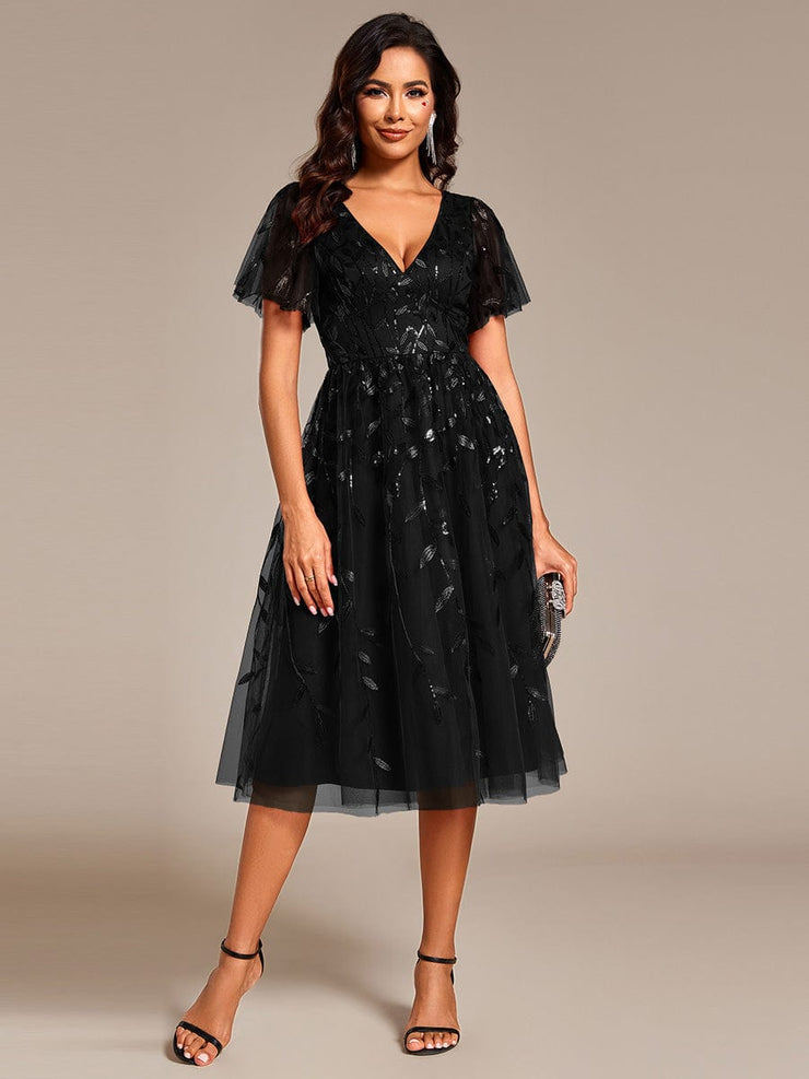 Leaf Sequin Short Sleeve Tulle Midi Wedding Guest Dress