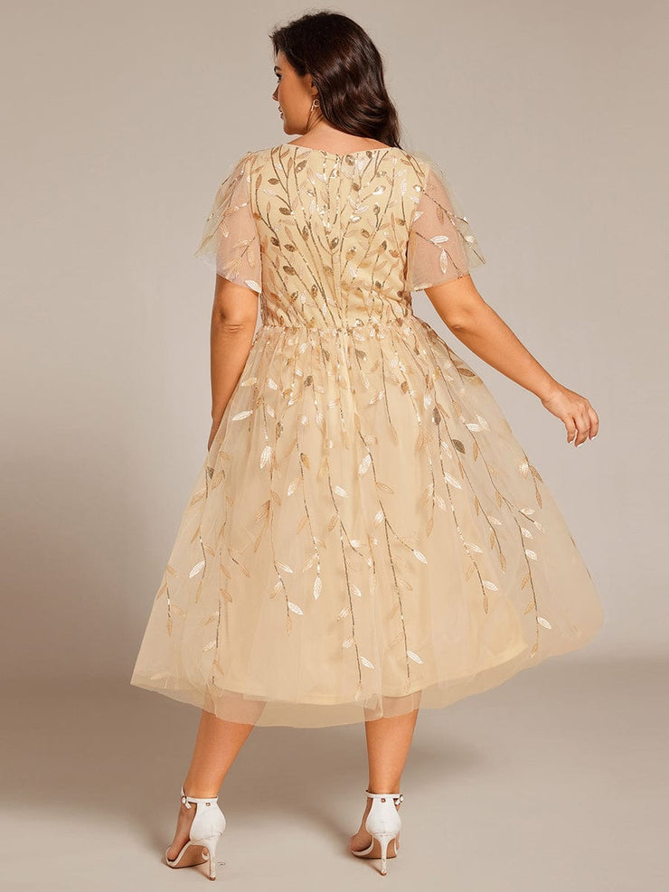 Leaf Sequin Short Sleeve Tulle Midi Wedding Guest Dress