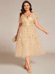 Leaf Sequin Short Sleeve Tulle Midi Wedding Guest Dress