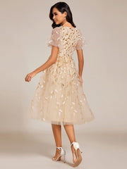 Leaf Sequin Short Sleeve Tulle Midi Wedding Guest Dress