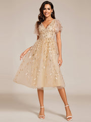 Leaf Sequin Short Sleeve Tulle Midi Wedding Guest Dress