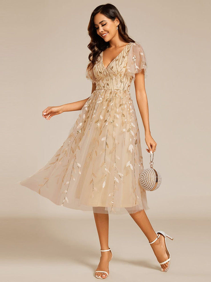 Leaf Sequin Short Sleeve Tulle Midi Wedding Guest Dress