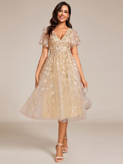 Leaf Sequin Short Sleeve Tulle Midi Wedding Guest Dress