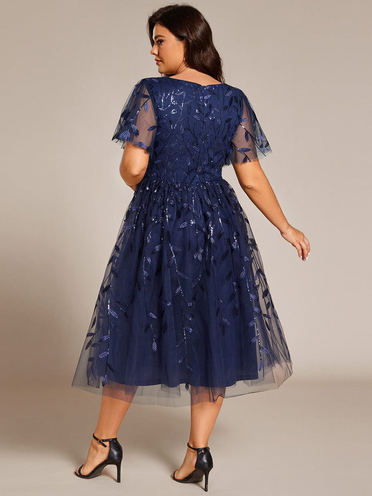 Leaf Sequin Short Sleeve Tulle Midi Wedding Guest Dress