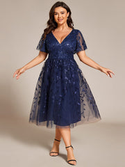 Leaf Sequin Short Sleeve Tulle Midi Wedding Guest Dress