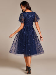 Leaf Sequin Short Sleeve Tulle Midi Wedding Guest Dress