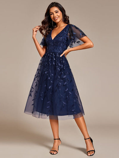 Leaf Sequin Short Sleeve Tulle Midi Wedding Guest Dress