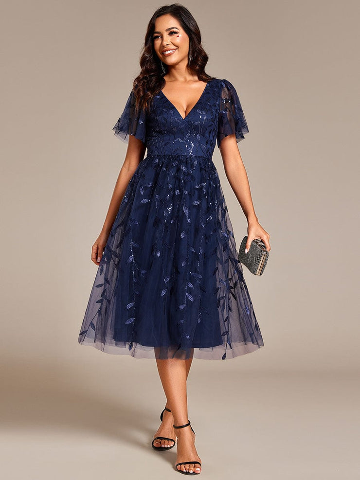 Leaf Sequin Short Sleeve Tulle Midi Wedding Guest Dress