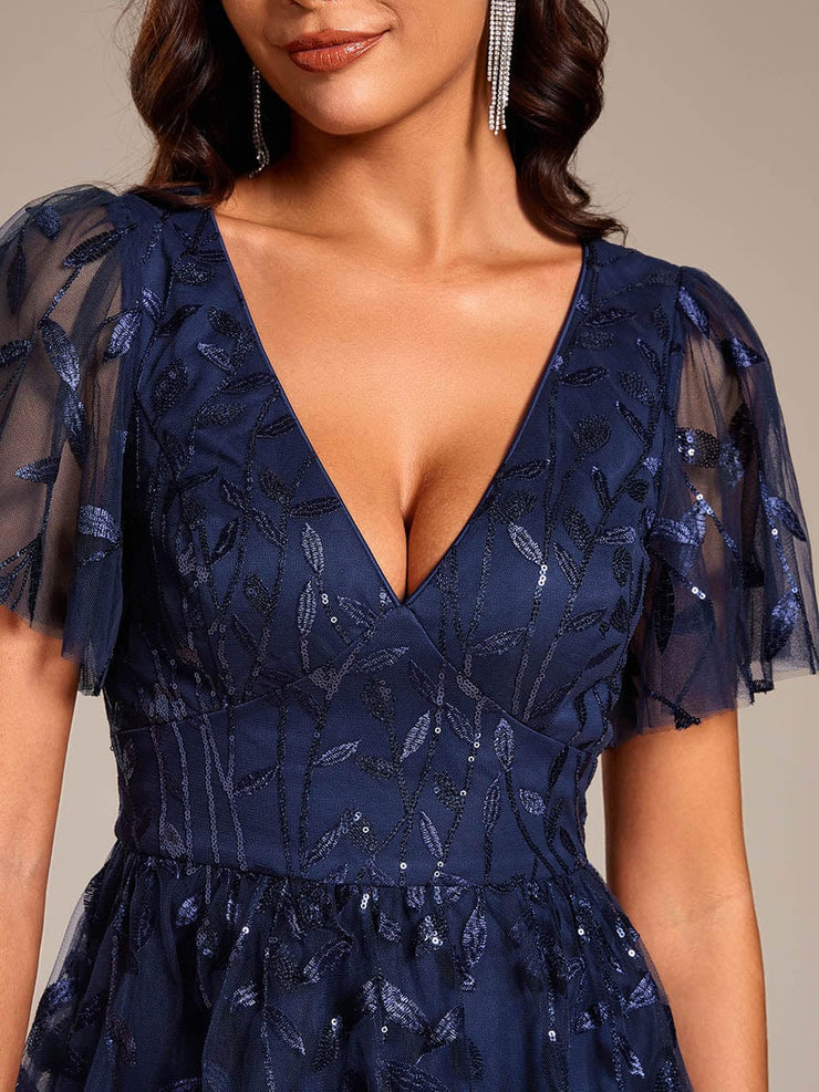 Leaf Sequin Short Sleeve Tulle Midi Wedding Guest Dress