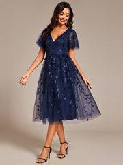 Leaf Sequin Short Sleeve Tulle Midi Wedding Guest Dress