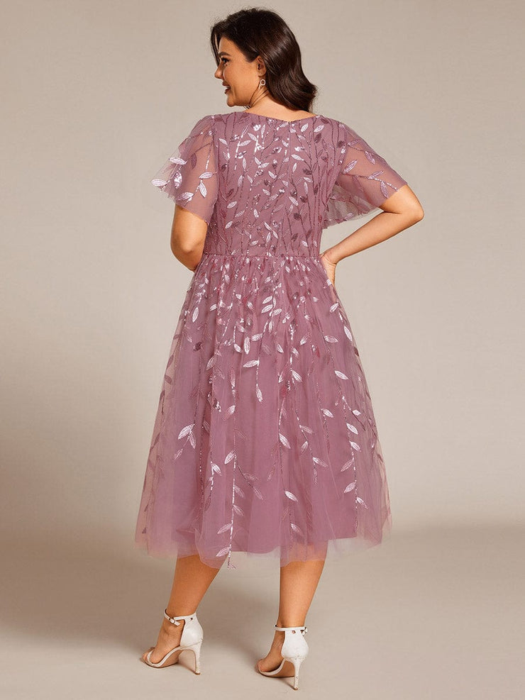 Leaf Sequin Short Sleeve Tulle Midi Wedding Guest Dress