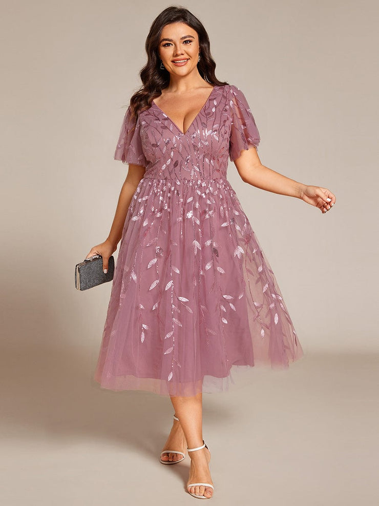 Leaf Sequin Short Sleeve Tulle Midi Wedding Guest Dress