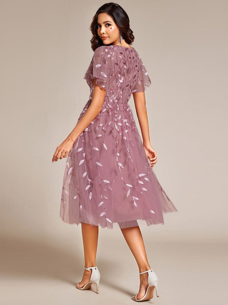 Leaf Sequin Short Sleeve Tulle Midi Wedding Guest Dress