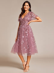 Leaf Sequin Short Sleeve Tulle Midi Wedding Guest Dress