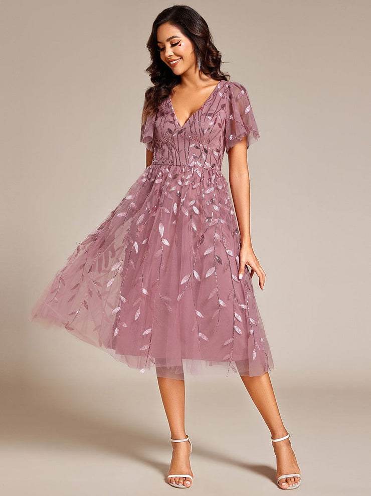 Leaf Sequin Short Sleeve Tulle Midi Wedding Guest Dress