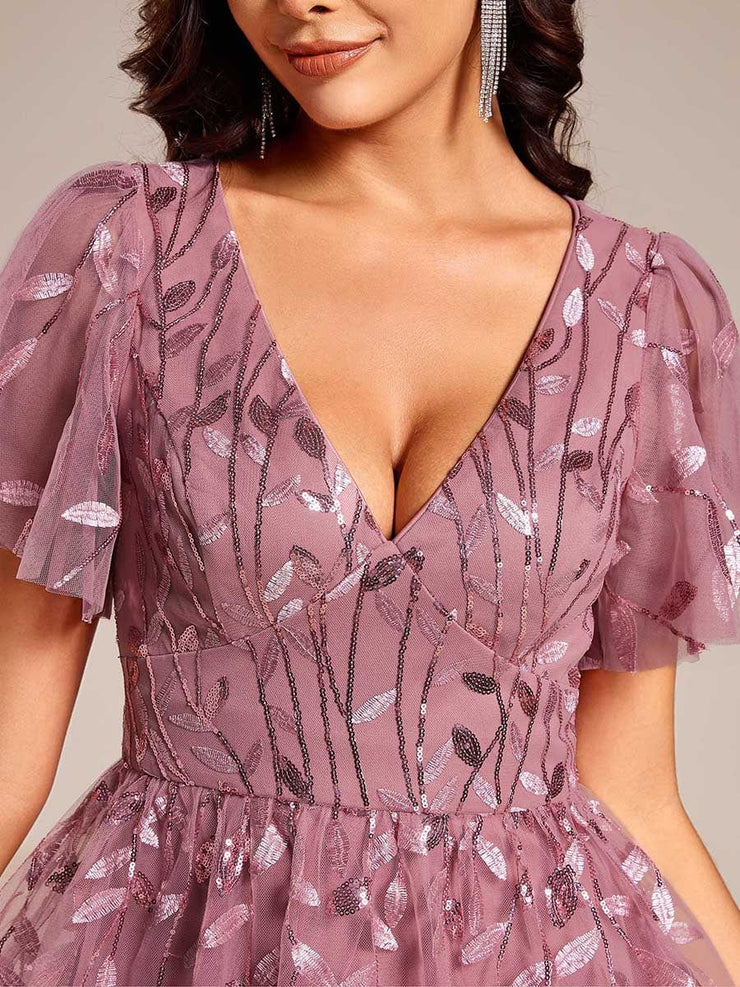 Leaf Sequin Short Sleeve Tulle Midi Wedding Guest Dress